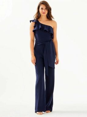 Lilly Pulitzer Lyra‎ Ruffle One-Shoulder Jumpsuit in Navy Blue Size:0
